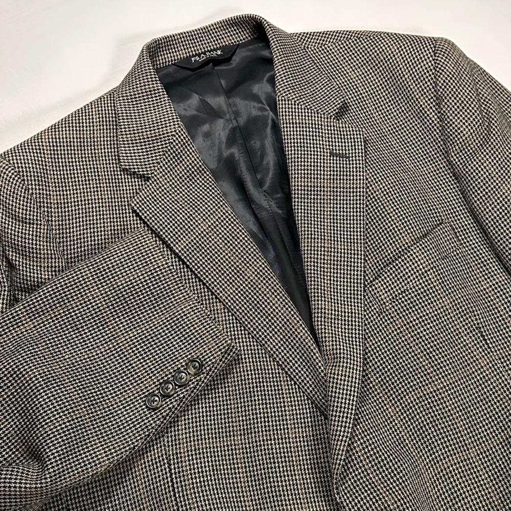 Jos A Bank Blazer Mens 46R Portly Silk Wool Houndstooth Sport Coat Brown Black‎